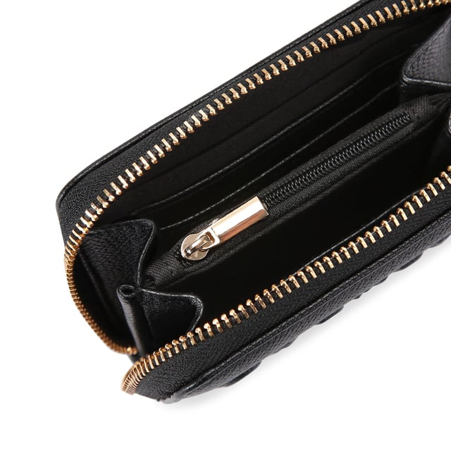 This Carvela Frame Mini Purse is crafted in a black textured leather alternative with embossed branding on the front. There is a gold zipper to close the purse. Dimensions: 9cm (H), 12cm (L), 2cm (D).