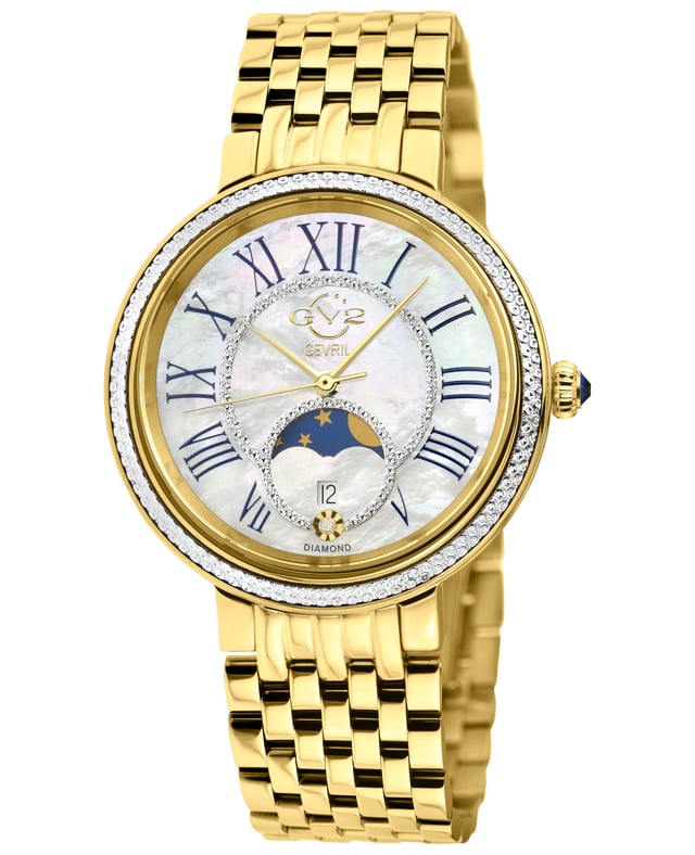GV2 12542B Women's Genoa Watch

GV2 Women's Swiss Watch from the Genoa Collection
37mm 316L Stainless Steel IPYG Case, Diamond Cut bezel
White MOP Dial, Moon Phase - Date at 6.00
Push Pull crown with Blue Cabochon Stone
IP Yellow Gold Bracelet With Deployment Buckle
Anti-reflective Sapphire Crystal
Water Resistant to 50 Meters/5ATM
Swiss Quartz Movement Ronda Moon Phase 708