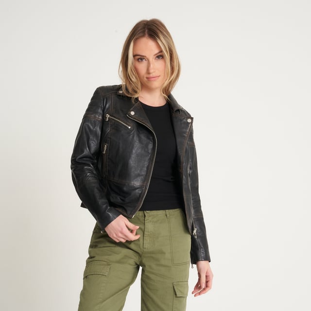 Barneys Originals Washed Leather Clara Biker Jacket