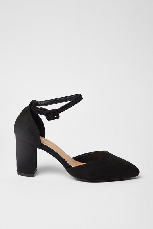 Pointed toe design for a sleek, elongating effect
        Covered block heel for stability and comfort
        Ankle strap with adjustable buckle closure
        Wide fit construction for enhanced comfort
        Versatile high heel height between 7 and 9cm
    
    Step out in style with these versatile court shoes, perfect for the fashion-forward woman who values both comfort and elegance. The wide fit construction ensures a comfortable wear throughout the day, while the pointed toe adds a touch of sophistication to any ensemble. Whether you're heading to the office or meeting friends for brunch, these shoes effortlessly transition from day to night. Pair them with tailored trousers and a crisp blouse for a polished work look, or dress them up with a flowing midi skirt for evening drinks. The ankle strap adds a secure fit and a trendy touch, making these shoes a must-have for your wardrobe. Ideal for various occasions, from baby showers to dinner dates, these court shoes offer the perfect blend of style and practicality for the modern woman.