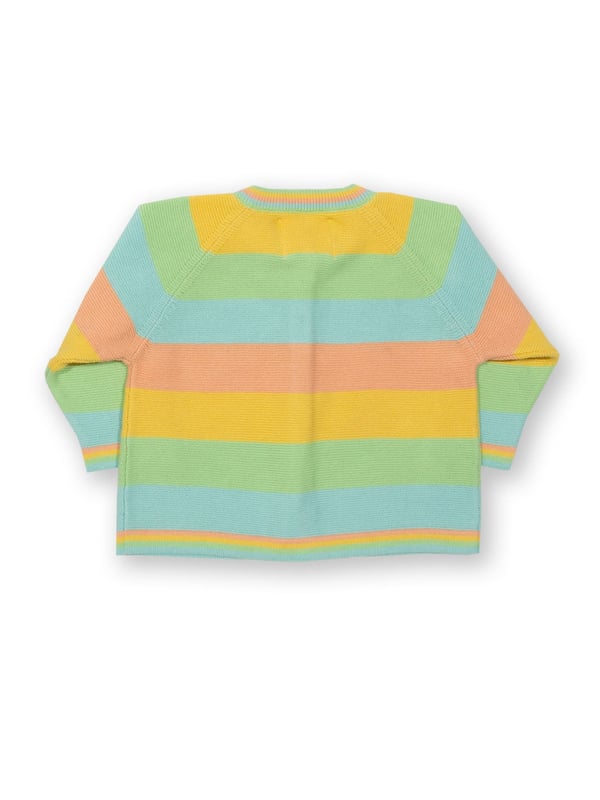 When cooler weather comes calling your little one will love to be snuggled up in this sunset stripe cardi. In a lovely soft lightweight knit, the delightful rainbow style cardigan is a great choice for completing any outfit this season.