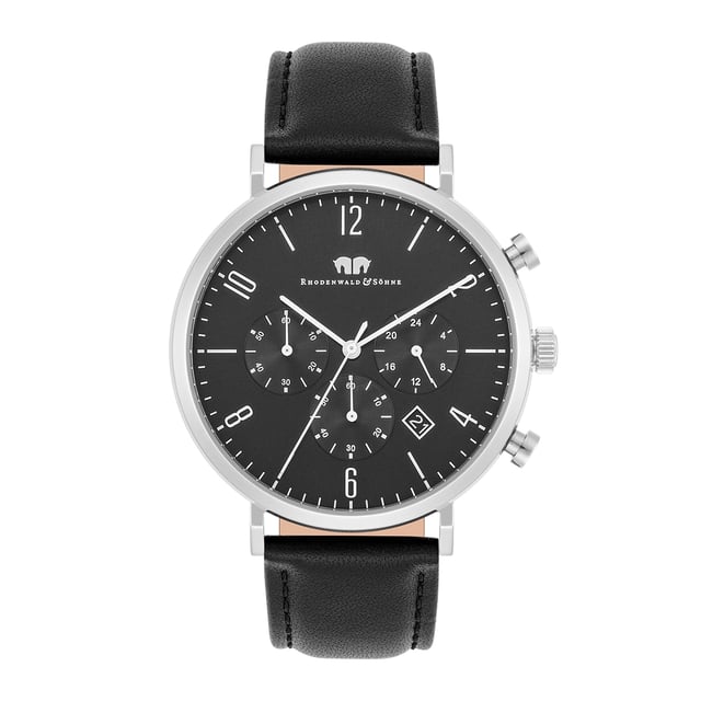 The timeless men's watch from the Rhodenwald & Sons manufacture combines the design of sporty chronographs with the simple elegance of a dresswatch. The popular functions 24-H display, stopwatch and date are integrated in a minimalist dial with tricompax arrangement-a perfect companion not only for business suit, but also for casual jeans. The model inspires with a robust and at the same time reduced stainless steel housing, filigree sticker and a reliable quartz train. A soft real leather bracelet with seam and thorn lock rounds off the premium equipment.