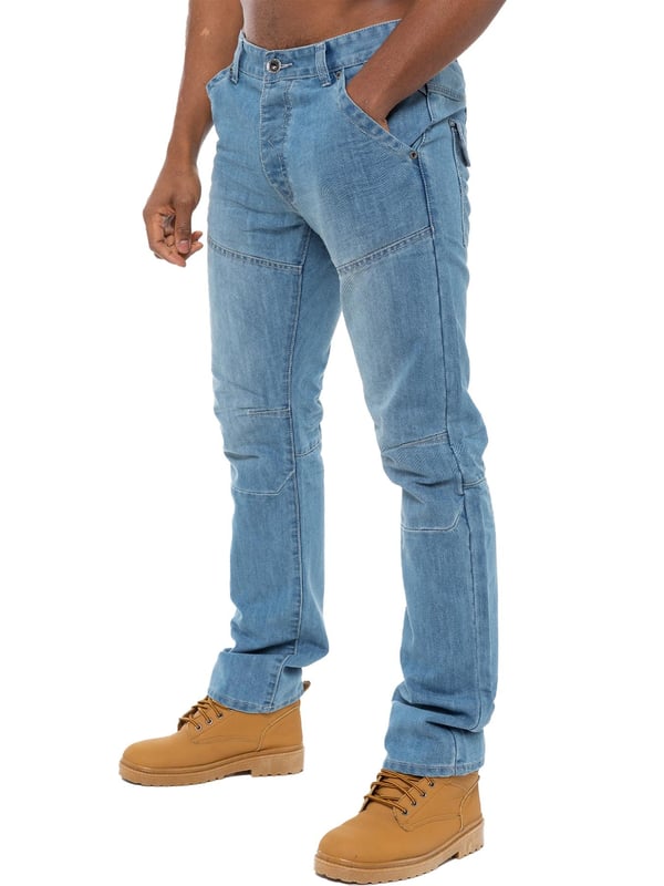 Turn up your style a notch with the latest midwash mens jeans. Enzo straight fit jeans in cotton blend blue denim feature a zip fly, double belt loops, seams at knee and thigh and back pockets with flaps. Straight leg jeans never go out of style and are perfect for relaxed weekends; tailored to sit just below the natural waist, they suit all figure types and with sizes up to 48, theres a pair of Enzo jeans to fit everyone. Also available in Blue, Grey and Black.