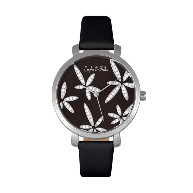 Polished Alloy Case; Precision Japanese Quartz Movement; Non-Glare Scratch-Resistant Mineral Crystal; Swarovski Crystals on Dial; Logo Engraved Stainless Steel Caseback; Genuine Leather Strap; Logo-Engraved Stainless Steel Clasp; 35mm Case Diameter; 3ATM Water Resistance;