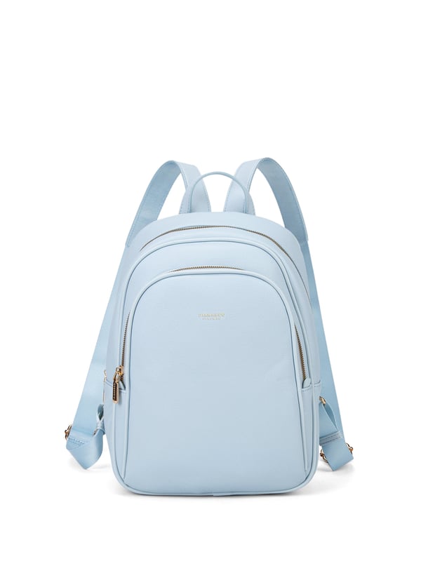 Damenrucksack mit Reißverschluss. eine Innentasche mit Reißverschluss und zwei offene Innentaschen. Eine Vorderseite mit Reißverschluss und eine Rückseite mit Reißverschluss-Außentaschen. fehlender Schultergurt. Im PU-Griff. ein Innenfach.  Außenmaterial. Innen ungefüttert. Maße: 23x34,5x11 cm. Modeprodukt