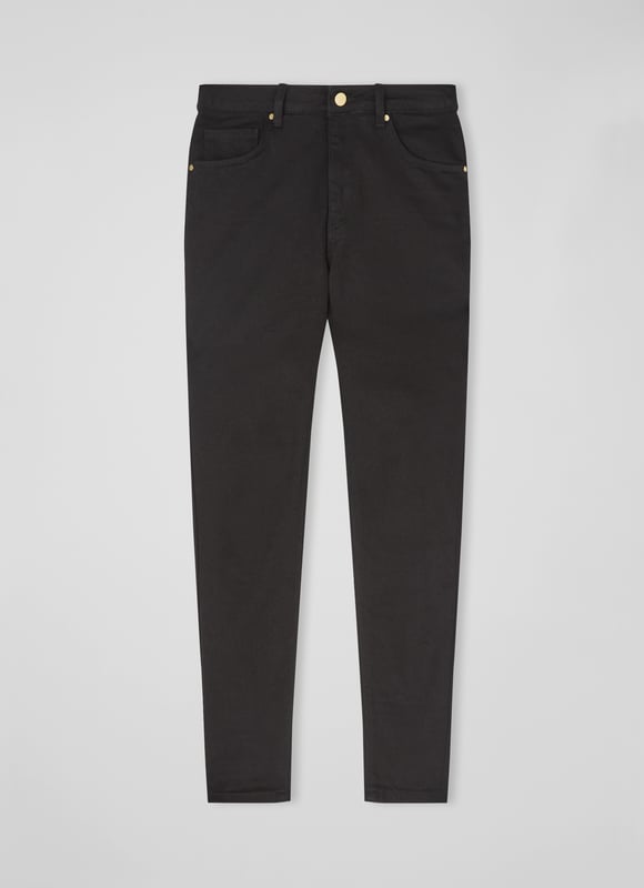 LK Bennett Graycen Trousers, Black Every denim collection needs a pair of classic black jeans, and our Graycen skinnies, crafted from super-soft black cotton, are the perfect example. Sitting comfortably on the waist, they have a button and zip fastening, belt loops, side and back pockets and a skinny cut. Wear them with a glittery knit and boots for a fun, seasonal look.