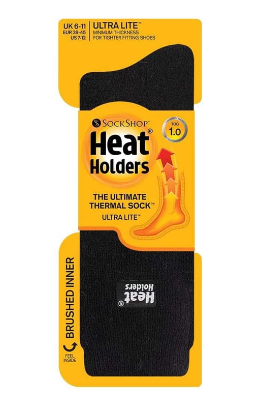 The brand new Heat Holders ULTRA LITE thermal socks are designed to provide our famous thermal protection without the annoying ‘too thick’ bulk of the original Heat Holders thermal socks. These ultra lite socks are perfect for tighter fitting shoes, meaning they make great dress socks in the winter months, fitting in any sort of shoe and providing Heat Holders known warmth. These Heat Holders Ultra Lite are available in 3 colours; black, purple and indigo. These are size 7-12 US for men and are also available in size 5-9 US for ladies separately from our store. They are machine washable and have a material composition of 89% Acrylic, 10% Polyamide, 1% Elastane. Heat Holders Yarn – Our advanced Japanese designed thermal yarn provides high-performance insulation against cold, with superior moisture breathing abilities and softness. Heat Holders Loops – Our Innovative knitting technology produces our unique, short looped cushion pile to hold in more warm air, increasing the TOG rating. Heat Holders Brushing - Our expert brushing process maximises the amount of warm air held inside each sock for unbelievable total warmth and all-day comfort. TOG Rating - These socks are scientifically tested to be 3X Warmer than a basic cotton sock, with a TOG rating of 1.04