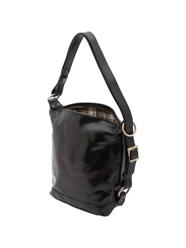 Bolso tipo bombonera para mujer. El cierre es con cremallera. Los bolsillos internos son uno con cremallera. Los bolsillos externos están ausentes. La bandolera es ajustable en piel. Falta el mango. Hay un compartimento interno. El material exterior es auténtica piel de vacuno. Internamente está forrado en algodón. Medidas: 34x33x15 cm. Hecho en Italia