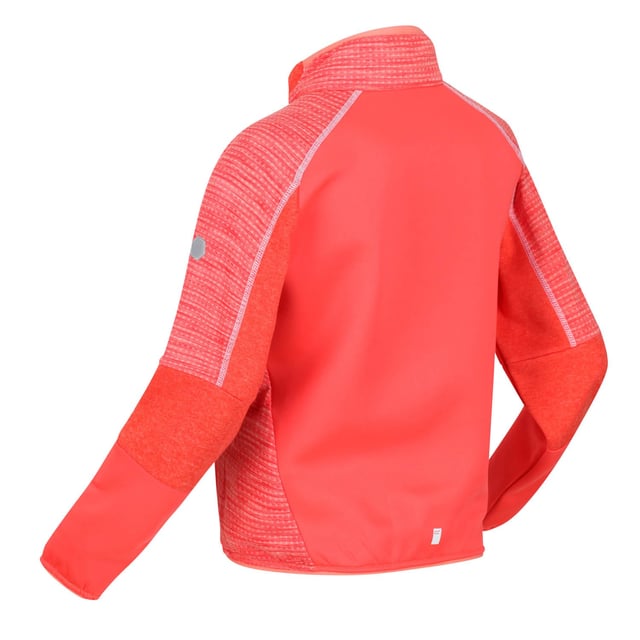 Regatta Juniors Oberon V Softshell Jacket in Red The Oberon V kids' jacket from Regatta is just the thing for weekends in the hills and blustery beach walks. The kids' stretch jacket features Extol stretch, warm-backed fabric, providing comfortable movement, whilst withstanding the rough and tumble of adventure. With stretch binding to the collar, cuffs and hem, you'll stay warm in cold or blustery conditions. The full zip allows for easy wear and extra ventilation. The zip pockets provide storage space for your belongings. Material: 90% Polyester, 10% Elastane. Ref: RKL110FBN.
