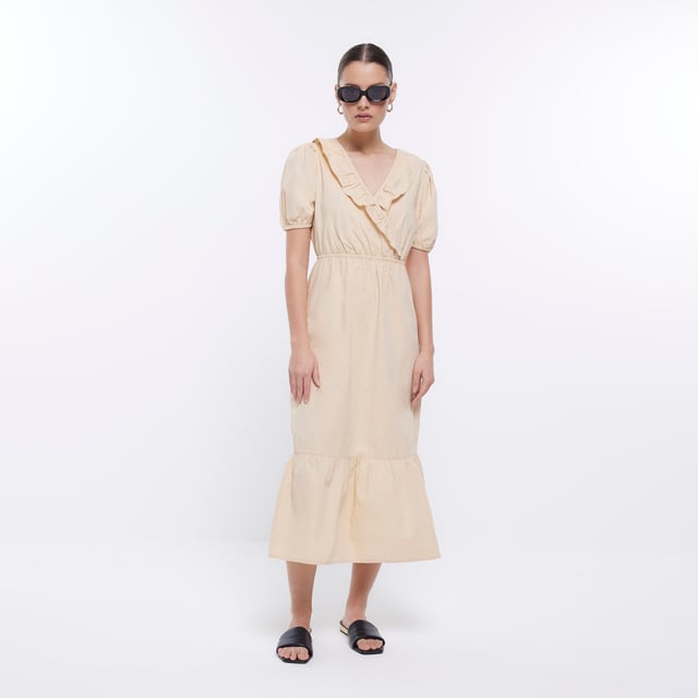 River Island Womens Wrap Midi Dress Beige Puff Sleeve