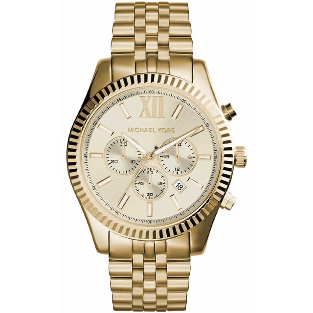 Japanese Quartz 3 Hand Chronograph Movement. Seconds, Minutes, And Hour Sub Dials. 45mm 316L Stainless Steel Gold Plated Case - Fluted 316L Stainless Steel Gold Plate Bezel - Scratch Resistant Mineral Crystal - Push-Pull Crown - Solid Caseback. Gold Tone Dial with Gold Tone MK Logo and Hands - Date Between 4 and 5 O'Clock - 3 Sub-Dials - Gold Plated Hour Batons. 22mm Lug Width - 316L Stainless Steel Gold Plated Jubilee Style Bracelet with Push Button Folding Clasp. Water Resistant to 100 Meters 10ATM. This Watch comes with the correct Retail Packaging and Paperwork.