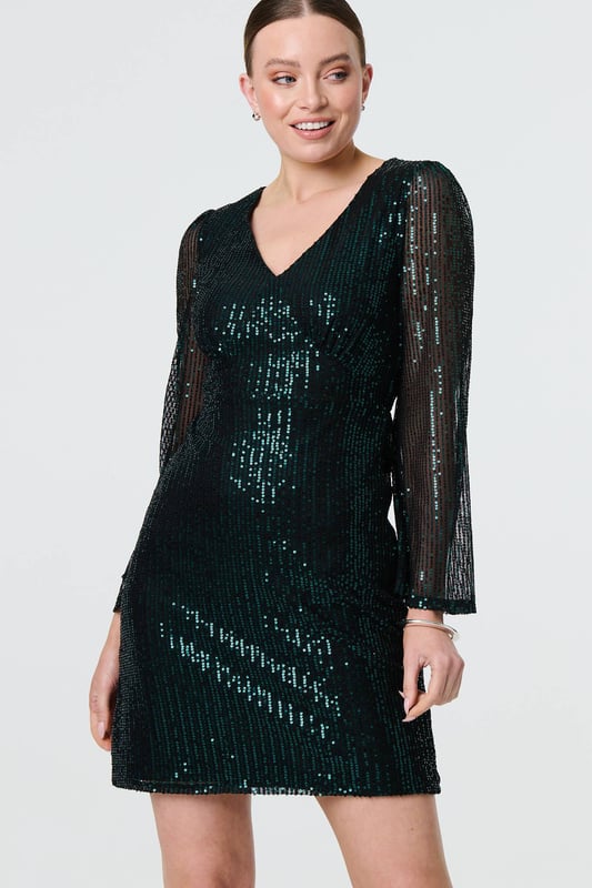 Green Sequin Semi Sheer Long Sleeve Mini Dress