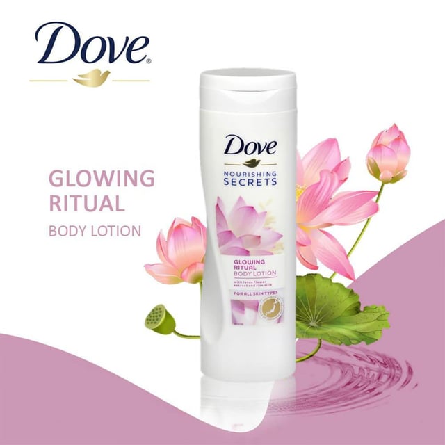 Dove Nourishing Secrets Glowing Body Lotion is delicately blended with rice milk and lotus flower extract. Japanese women have used these natural ingredients for skin radiance for centuries and we felt this beauty secret was too good not to share. That’s why Dove created this body lotion to deeply nourish your skin, to leave it looking glowing and feeling silky soft.

NOURISHING SECRETS: Dove body lotion has the highest number of Nutrients and Moisturizers so that your skin will feel beautiful and loved. Dove combines 50 years of expertise in nourishment and care, with exquisite and unique ingredients, giving you extra-soft, radiant skin.
RICE MILK & LOTUS FLOWER: With a delicate formula blended with rice milk and lotus flower extract, this Dove body lotion deeply nourishes your skin to leave you with radiant-looking skin that feels silky soft and moisturized.
NATURAL SKIN MOISTURE: Rich in vitamins, proteins, and fats, they’re a natural skin moisturizer. Inspired by this ancient Japanese beauty ritual, created Nourishing Secrets Glowing Body Lotion. 
DERMATOLOGICAL TESTED: Dermatologically tested, this gentle Dove moisturizing lotion has a delicately mild formula that’s suitable for use on all skin types.  It turns your daily routine into a nourishing Dove skincare ritual.
DEEP NOURISHMENT: The formula works at the deepest layers of the skin not only moisturizing the surface but delivering deep nourishment, for beautifully soft and radiant skin.

How To Use: Apply Dove lotion morning and/or night or whenever skin feels dry. Massage gently into the skin. For best results use immediately after showering.

Safety Warning: Avoid contact with eyes. Use only as directed.

Package Includes: Dove Nourishing Secrets Body Lotion, 6x400ml
