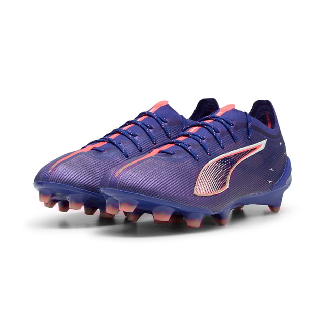 PRODUCT STORY: Fasten your seatb. . .we mean laces. With the ULTRA 5 football boot, you get the speed and sensation of a finely tuned machine at your feet. Built on engineering insights from PUMA Motorsport, the brand-new SPEEDSYSTEM outsole and FastTrax stud design are precision-engineered to take you from kick-off to back-of-the-net faster than you can say: lights out.  FEATURES & BENEFITS: ACCELERATION: The SPEEDSYSTEM outsole design combines a high-performance fibre base material with a revolutionary stud system, maximising energy return for faster acceleration; TRACTION: FastTrax stud design using insights from academic research and traction studies to provide more traction while accelerating, cutting and breaking; STABILITY: PWRTAPE SQD support frame stabilises the foot inside the boot without hindering agility or freedom of movement; The upper of this shoe is made with at least 50% recycled materials. DETAILS: Lightweight mesh upper; Lightweight removable sockliner with NanoGrip technology keeps the foot from slipping inside the boot; OrthoLite® heel cushioning for better lockdown; SPEEDSYSTEM outsole; Regular to narrow fit; Low-cut slip-on construction; FG: Suitable for use on firm ground.