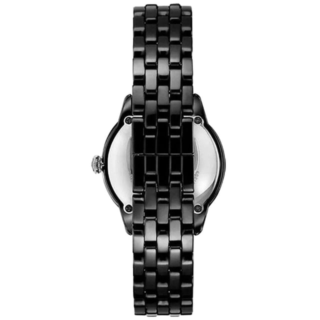 Japanese Made Quartz Automatic Movement. 36mm x 11mm Black Polished Ceramic Case. Solid Stainless Steel Caseback. Bezel Set with Gems. Push-Pull Crown. Black Sunray Dial. Polished Stainless Steel Hands and Indexes. 15mm Width Black Ceramic Bracelet with Hidden Deployment Clasp. Water Resistant to 30 Meters 3ATM. This watch is and comes with the Box and Paperwork.