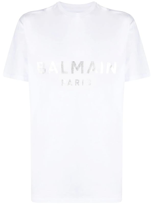 Logo-print detail T-shirt from Balmain featuring cloud white, cotton, logo print to the front, round neck, short sleeves and straight hem.