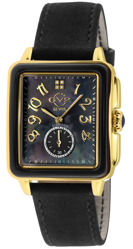 GV2 9263 Reloj Bari esmaltado de cuarzo suizo con diamantes Reloj GV2 para mujer de la colección Bari Caja cuadrada IPRG de acero inoxidable 316L de 37 mm, bisel esmaltado blanco Esfera MOP blanca, 4 diamantes a las 12:00, anillo con corte de diamante marrón claro a las 6:00 Push Pull Corona estriada con piedra de cabujón azul Correa de cuero genuino de gamuza italiana con hebilla de espiga Cristal de zafiro antirreflectante Resistente al agua hasta 50 metros/5 ATM Movimiento de cuarzo suizo Ronda 1069
