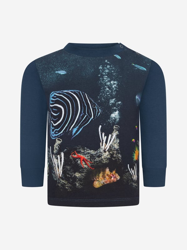 Your little explorer will love this underwater-inspired top for baby boys' by Molo. The long-sleeved t-shirt in rich navy features a handy popper button opening at the neck for easier changing and is decorated with a striking tropical fish print on the front.