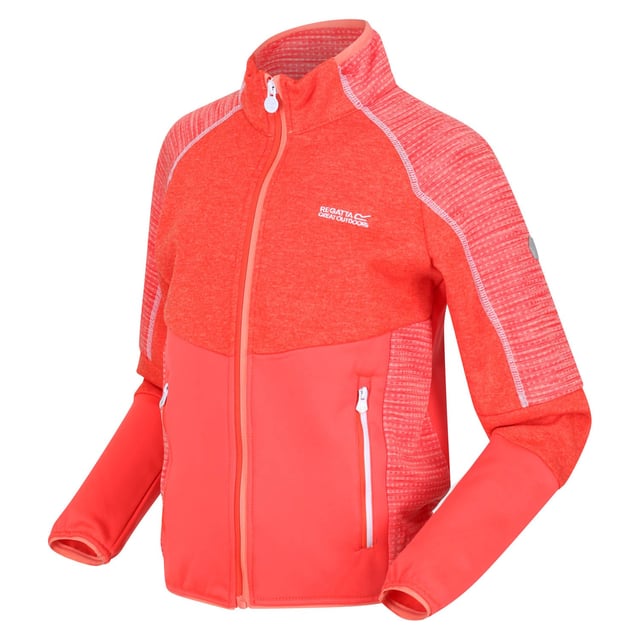 Regatta Juniors Oberon V Softshell Jacket in Red The Oberon V kids' jacket from Regatta is just the thing for weekends in the hills and blustery beach walks. The kids' stretch jacket features Extol stretch, warm-backed fabric, providing comfortable movement, whilst withstanding the rough and tumble of adventure. With stretch binding to the collar, cuffs and hem, you'll stay warm in cold or blustery conditions. The full zip allows for easy wear and extra ventilation. The zip pockets provide storage space for your belongings. Material: 90% Polyester, 10% Elastane. Ref: RKL110FBN.