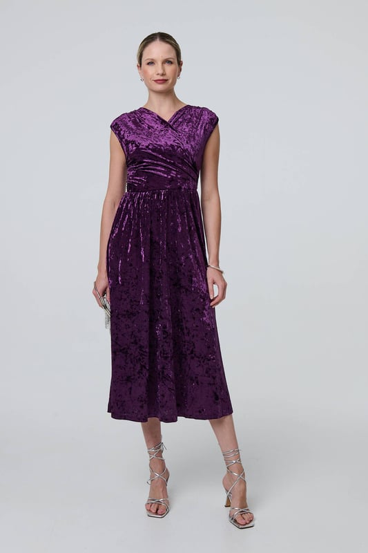 Purple Crushed Velvet Fit & Flare Midi Dress
