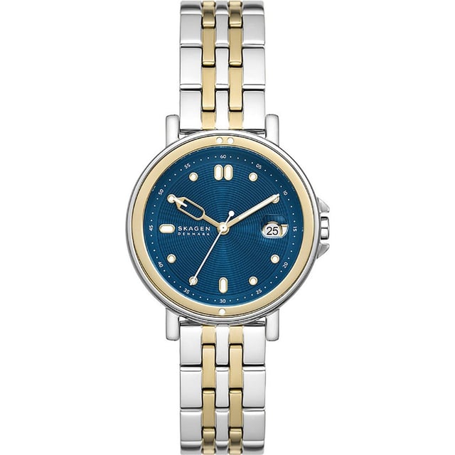 This Skagen Signatur Sport Lille Analogue Watch for Women is the perfect timepiece to wear or to gift. It's Multicolour 34 mm Round case combined with the comfortable Multicolour Stainless steel watch band will ensure you enjoy this stunning timepiece without any compromise. Operated by a high quality Quartz movement and water resistant to 5 bars, your watch will keep ticking. Elegant and fashionable watch that is suitable for the daily life of every Women. This Analogue watch has a calendar function: Date , Luminous Hands and Luminous Numbers High quality 19 cm length and 16 mm width Multicolour Stainless steel strap with a Fold over with push button clasp Case diameter: 34 mm,case thickness: 8 mm, case colour: Multicolour and dial colour: Blue