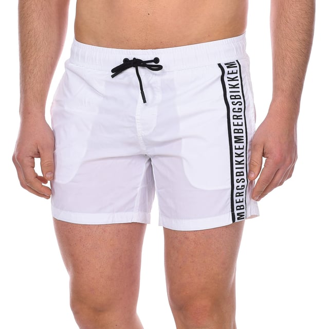 Bikkembergs men's swim shorts.
 Color White-black
 Elastic waistband, adjustable by cords.
 Open pockets on the sides.
 Brand print on the side of the front.
 Back pocket with velcro closure.
 Inner mesh lining.
 Seams seen in tone.

 Composition: 100% Polyester

 Washing instructions:
 - Wash at max temperature. 30th.
 - Do not use bleach.
 - Does not allow dry cleaning.
 - Iron temperature max. 110º.
 - Do not use dryer.
 Composition: 100% polyester
 Care:
Washing instructions:
 - Wash at max temperature. 30º.
 - Do not use bleach.
 - Does not allow dry cleaning.
 - Iron max. temperature. 110º.
 - Do not use dryer.