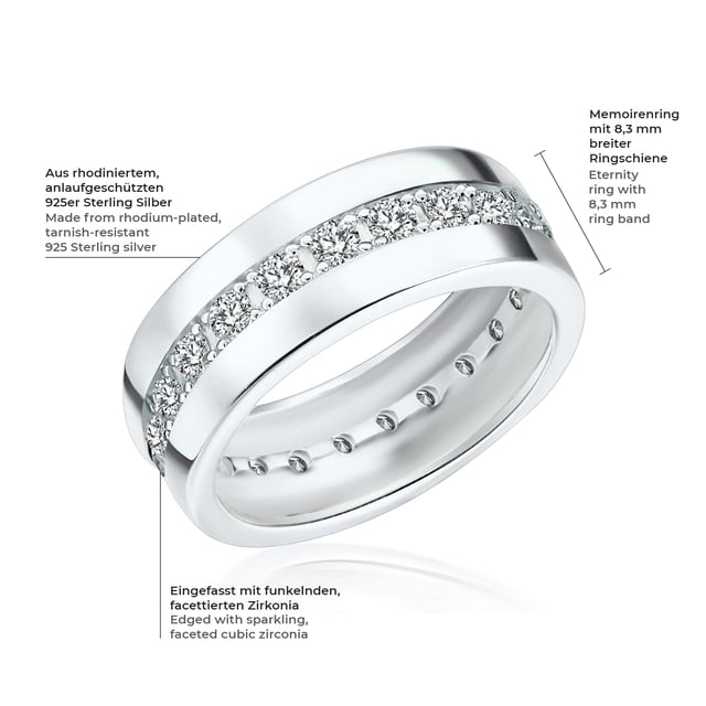 Memoire rings are a symbol for particularly valuable memories and the great love - a piece of jewelry that also deserves a special design! This magnificent Eternity-Ring from Rafaela Donata is guaranteed to make the eyes of her loved ones light up, because the high-gloss polished ring rail made of 925 sterling silver is already completely designed with glittering zirconia stones. From the first day, the ring offers glamorous sparkle without the beginning and without end: No wonder that this special memoire ring in the finest jewelry quality is also often worn as an engagement and wedding ring!