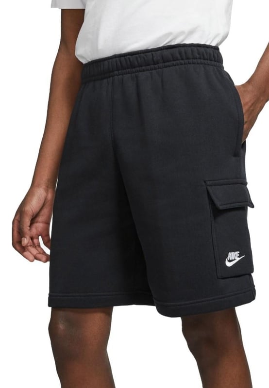 Nike Club Mens Cargo Shorts in Black The Nike Sportswear Club Fleece Shorts are made with a soft, brushed-back fleece that provides a comfortable feel ready for everyday wear . - - . Elastic waistband with an adjustable drawcord lets you personalize the fit . - - . A flap pocket on the left leg provides additional storage for your phone and other small essentials . - - . Brushed-back fleece fabric feels soft and smooth . - - . Standard fit for a relaxed, easy feel.