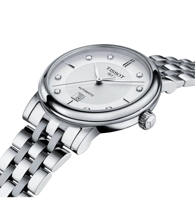This Tissot Carson Premium Analogue Watch for Women is the perfect timepiece to wear or to gift. It's Silver 30 mm Round case combined with the comfortable Silver Stainless steel watch band will ensure you enjoy this stunning timepiece without any compromise. Operated by a high quality Automatic movement and water resistant to 5 bars, your watch will keep ticking. The Tissot Carson, an all-timer which will suit any time or place, will be the perfect partner to accompany you to every great occasion in your life so that every moment you live is right on time. This Analogue watch has a calendar function: Date and has a Swiss Made Movement High quality 19 cm length and 14 mm width Silver Stainless steel strap with a Deployment clasp Case diameter: 30 mm,case thickness: 10 mm, case colour: Silver and dial colour: Silver