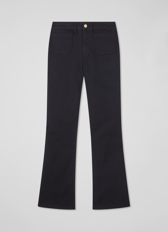 LK Bennett Millie Trousers, Black Turn heads with the Millie petite high waist patch pocket kickflare jean in classic black. Designed from a high-quality cotton mix, these trousers feature stylish patch pockets and a flattering flare that exudes smart casual elegance. Perfect when paired with a crisp blouse for the office or a relaxed tee for weekend outings.