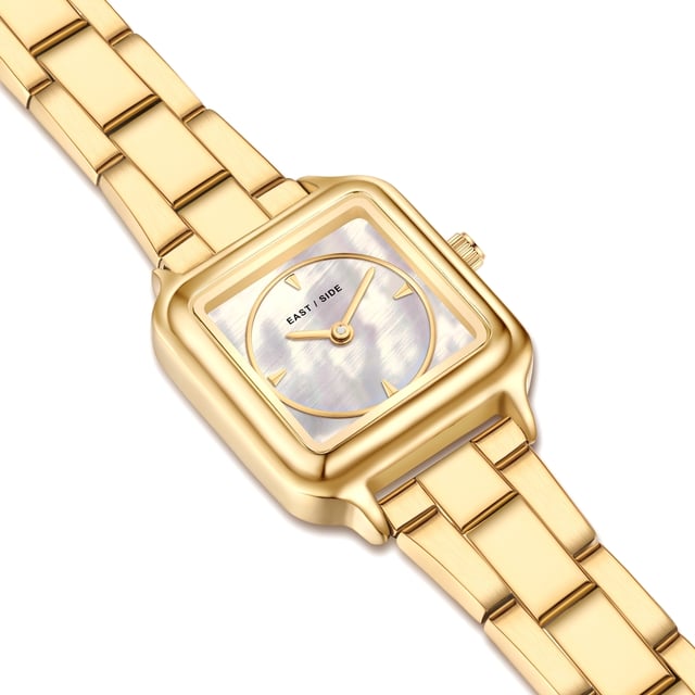 GENERAL INFORMATION:  • Targetgroup: Female  • Wristwatch: No Special Functions  • Display: analogue  • Weight of watch w/o box (gr.) - approx.: 59,0  MOVEMENT:  • Movement: Quartz  • Term of Movement: 2025  • Origin of movement: Japan  BRACELET:  • Material of bracelet/strap: Stainless steel  • Plating of bracelet/strap: Ion-Plating (IP)  • Finishing of bracelet/strap: Smooth  • Finishing/Decoration of bracelet/strap: None  • Clasp/Closure/Buckle: Security-folding clasp  • Color of bracelet/strap: Yellowgold  • Length of bracelet/strap (mm) approx.: 210,0  • Width of bracelet/strap (mm) approx.: 13,8  • Style/Design of bracelet/strap: Link bracelet  • Bracelet/strap adjustable?: Yes  CASE:  • Shape of case: Square  • Size/Diameter of case in mm . approx.: 25,0 x 32,0  • Height of case in mm: 8,1  • Case material: Metal (Alloy)  • Surface of case: Polished  • Bezel/Topring: Fixed  • Finishing/Decoration of case: None  • Material of case back: Stainless steel  • Lock of case back: No screwed-in crown  • Color of case: Yellowgold  • Coating/Plating (Case): Ion-Plating (IP)  • Type/Form of crystal: Flat  • Material of crystal: Mineral crystal  DIAL:  • Size jewelry care cloth: Hour, Minute  • Indices: Line indices  • Material of dial: Mother of Pearl (MOP)  • Structure/pattern of dial: Flat  • Color of dial: Gold-colored  PUSHER, CROWN, HAND:  • Pusher: None  • Corrector: No  • Crown: No screwed-in crown  • Type of hands: Pole hand  • Luminescent (hands): No  PACKAGING & SCOPE OF DELIVERY:  • Box: Yes  • Service booklet: Yes  • Manual: Yes