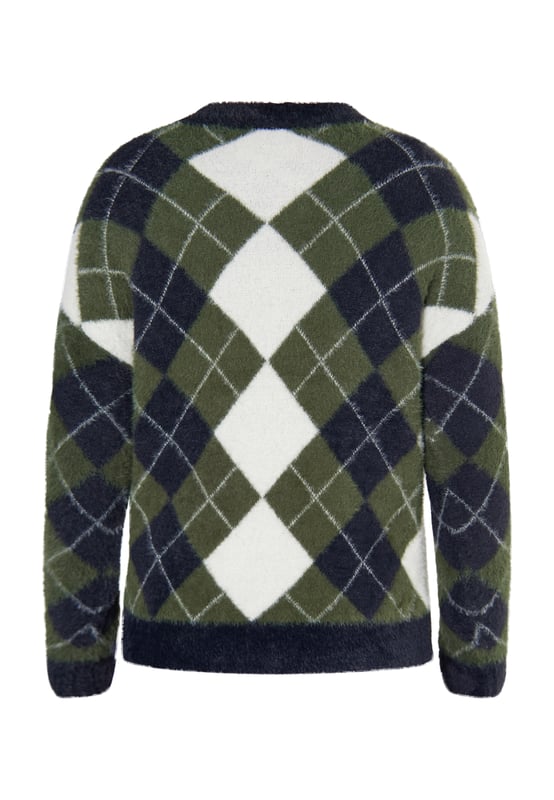 Rückkehr der Raute! Das schottische Argyle-Muster ist ein echter Klassiker, gern gesehen beim Golfsport, bei Schuluniformen oder Socken. Bei myMo ROCKS steht der Muster-Evergreen ebenfalls hoch im Kurs. Im kontrastierenden Farbmix ist der weiche Pullover aus einem weichen Garn gefertigt, klassisch geschnitten und mit unifarbenen Rippstrickbündchen abgeschlossen. Mit derben Biker-Boots kreierst Du einen lässigen Stilbruch.  Strickpullover