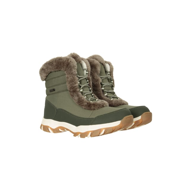 Upper: Faux Fur. Lining: Soft, Thinsulate. Outsole: Flexible, TPR. 5 Eyelets. Fabric Technology: Breathable, DWR Finish, Heat Retention, Snowproof, Thermal Tested -20c. IsoDry Membrane, Short Shaft. Flat Heel. Cut: Ankle High. Design: Contrast Detail, Text. Toe Style: Round. Fastening: Lace Up, Pull-On.