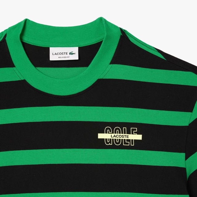 Men's Lacoste Striped 3D Print Cotton T-Shirt.- Relaxed fit, comfortable ease on body with lower shoulders.- Cotton jersey.- Golf print 3D at chest.- Embroidered crocodile at under middle back collar.- Shell: Cotton (100%).- Collar: Cotton (95%), Elastane (5%). Machine washable. Ref: TH1488PIQ.