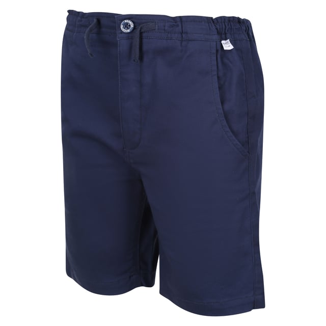 Regatta Childrens/Kids Alber Ottoman Shorts (Navy) 98% Cotton, 2% Elastane. Fabric: Coolweave, Ottoman, Soft Touch, Stretch. Design: Plain. Pockets: 2 Side Pockets, 1 Patch Pocket. Fastening: Button. Belt Loops, Branded Buttons, Branded Tab, Zip Fly. Fabric Technology: Breathable, Moisture Wicking. Waistline: Drawstring, Elasticated. Sustainability: Sustainable Materials.