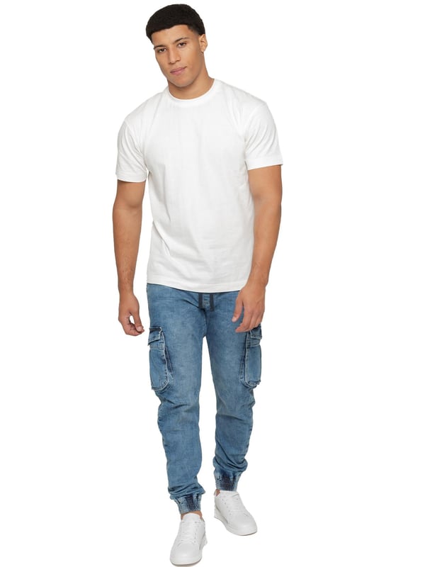 Enzo Herren Stretch-Jeans mit elastischem Bund und Bündchen. Verfügt über ein 5-Pocket-Design mit 2 Einschubtaschen, 1 Gesäßtasche, und 2 Vordertaschen mit aufgesetzten Taschen und Klettverschluss. Elastischer Bund mit verstellbaren Zugbändern. Schnitt- und Nähte-Design am Bein. Bündchen am Knöchel.