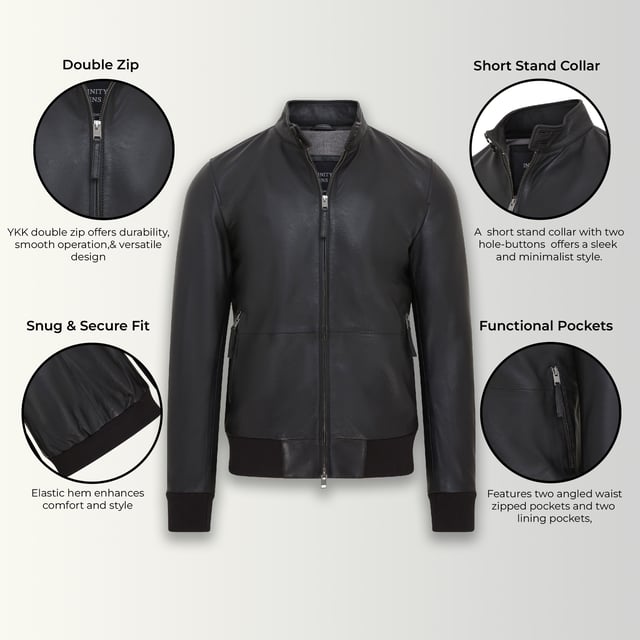 Esta chaqueta bomber para hombre, confeccionada en piel de napa de cordero de primera calidad, combina el encanto vintage con un diseño moderno. Tiene cuello alto con cierre de botón, cremallera en la parte delantera y dos bolsillos externos con cremallera y dos bolsillos internos para mayor comodidad. Los puños y el dobladillo acanalados garantizan un ajuste cómodo y ceñido, lo que la hace perfecta para salidas informales o eventos semiformales. Ya sea que busques un estilo universitario retro o una estética elegante de motociclista, esta chaqueta ofrece un atractivo atemporal y una artesanía duradera. Una prenda esencial del guardarropa para los entusiastas del cuero que aprecian el estilo, la funcionalidad y la calidad. Piel de cordero napa de primera calidad para una sensación suave y lujosa Chaqueta bomber de inspiración vintage con una estética retro universitaria y de motociclista Cuello alto con cierre de botón para mayor estilo Dos bolsillos externos funcionales con cremallera con dos bolsillos interiores Puños y dobladillo acanalados para un ajuste ceñido y personalizado Cierre frontal elegante con cremallera para un uso sin esfuerzo Diseño versátil adecuado para salidas informales y eventos semiformales Duradero y elegante para un uso duradero Una combinación perfecta de encanto retro y moda moderna
