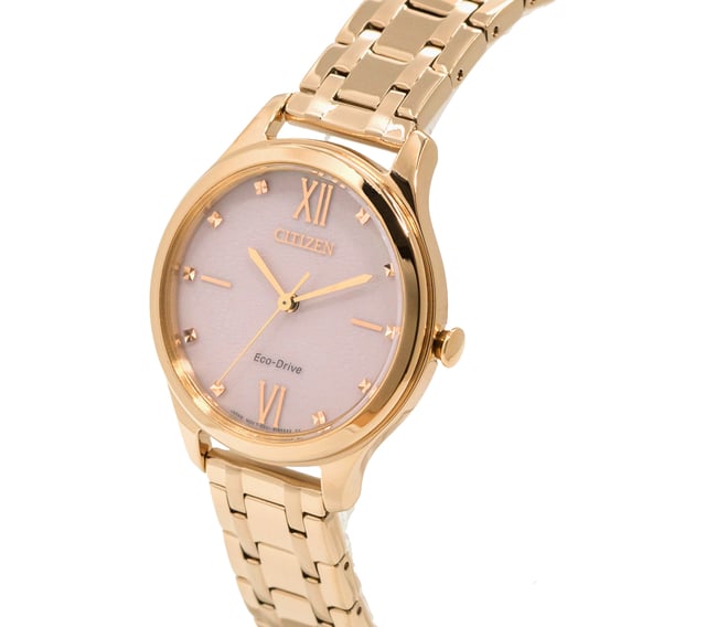 This Citizen  Analogue Watch for Women is the perfect timepiece to wear or to gift. It's Rose Gold 32 mm Round case combined with the comfortable Rose Gold Stainless steel watch band will ensure you enjoy this stunning timepiece without any compromise. Operated by a high quality Eco-Drive movement and water resistant to 5 bars, your watch will keep ticking. This solar powered watch recharges itself in any kind of light,This solar watch does not require any battery replacement. -The watch has a function: Solar Powered High quality 19 cm length and 14 mm width Rose Gold Stainless steel strap with a Fold over with push button clasp Case diameter: 32 mm,case thickness: 7 mm, case colour: Rose Gold and dial colour: Pink