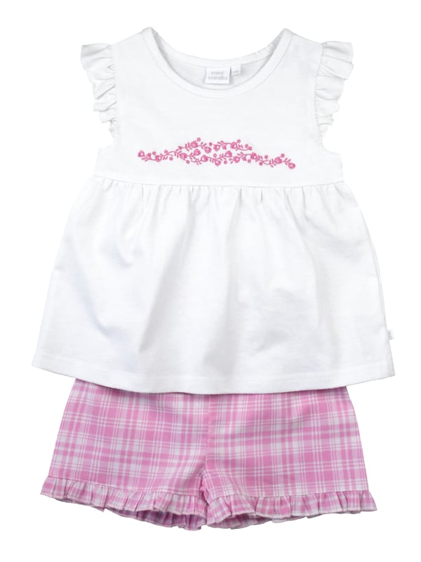 These comfortable shortie pyjamas for girls are made from soft cool cotton and feature a unique check that was created by our in-house design team. Complete with a complementary white woven top with pretty cap sleeves and dainty embroidery. The short has  fully elasticated waist with a frilled hem. They are sure to become a new bedtime favourite in the hot summer months!

Design & Fit

Classic white short sleeve top and shorts
Pretty Embroidery
Elasticated waistband
Easy, pull-on style
Fabric and Care

100% cotton seersucker
Machine wash
Safety warning: keep away from fire