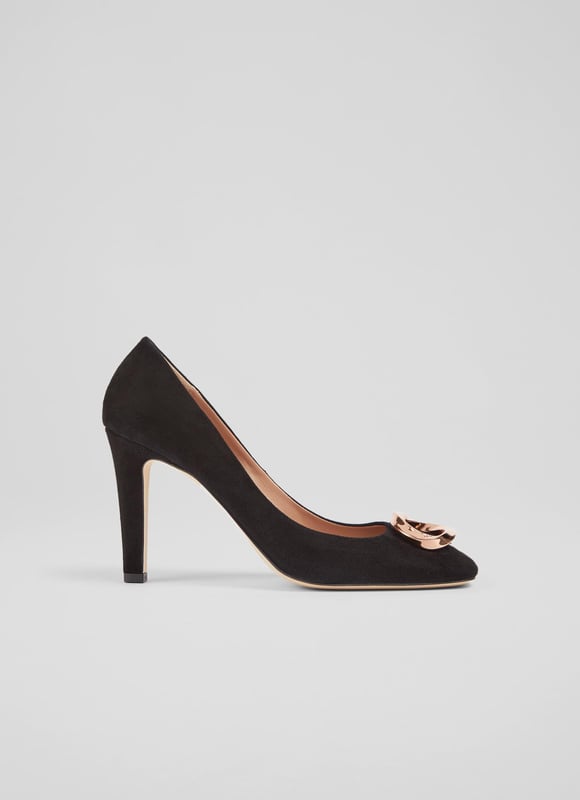 LK Bennett Evelyn Closed Courts, Black A high-heeled court with chic detailing, our Evelyn courts feel a little dressier than the classic styles. Beautifully-crafted in Italy from super-soft black suede, they have a round toe, a gold eternity ring embellishment - which is exclusive to LKB - a sleek shape and an elegant stiletto heel. Wear them to work or for spring occasions.