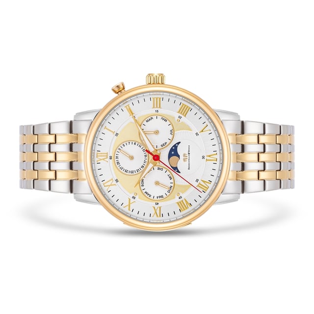 This elegant men's watch from the Rhodenwald & Sons manufacture is reminiscent of the design of legendary chronograph icons and is a real collector's item as a limited edition with 999 copies. The functions date, weekday and month form in the tricompax arrangement to 9-12-3 and are supplemented by a moon phase display. Other eye-catchers are the multi-layer dial, striking Roman digits and a bicolor structure bracelet with partial yellow gilding. The housing is made of robust stainless steel and also coated with yellow gold. A stylish companion to a suit as well as to jeans!