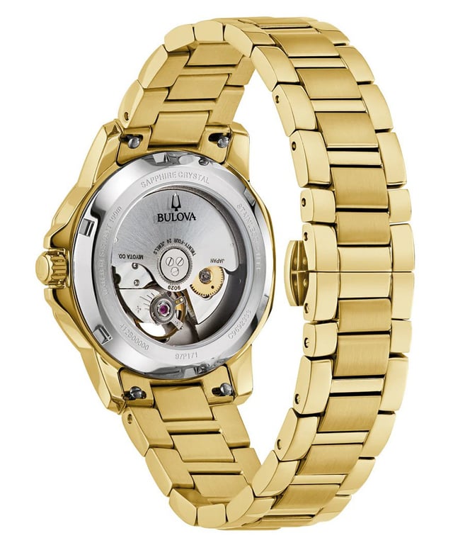 This Bulova Marine Star Analogue Watch for Women is the perfect timepiece to wear or to gift. It's Gold 36 mm Round case combined with the comfortable Gold Stainless steel watch band will ensure you enjoy this stunning timepiece without any compromise. Operated by a high quality Automatic movement and water resistant to 10 bars, your watch will keep ticking. This high quality watch is an incredible eye-catching Women's watch. This Analogue watch has a function: Luminous Hands High quality 19 cm length and 17 mm width Gold Stainless steel strap with a Deployment clasp Case diameter: 36 mm,case thickness: 10 mm, case colour: Gold and dial colour: Mother of pearl