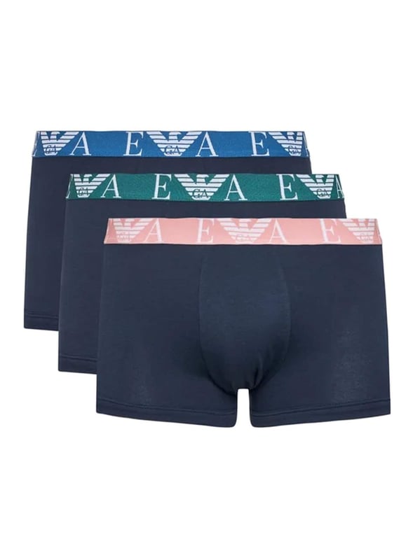 Mens Armani 3- Pack Trunks in navy.- Branded elasticated waistband.- 3-piece set.- Stretch cotton comfort fabric.- 95% Cotton  5% Elastane.- XS = 27-29in- S = 30-32in- M = 32-34in- L = 34-36in- XL = 37-39in- XXL = 39-41inWe regret that underwear is non-returnable due to hygiene reasons.  - Ref: 11135771564135
