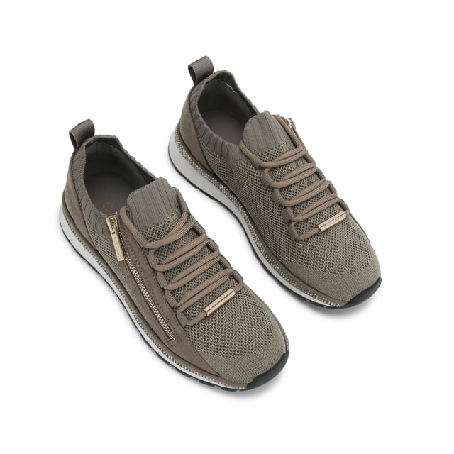 This Carvela Pace Zip Knit trainer features a bronze fabric upper with slight glimmer. The front laces are tubular with a gold zip on the eye stay. There is a silver crystal panel around the midsole.