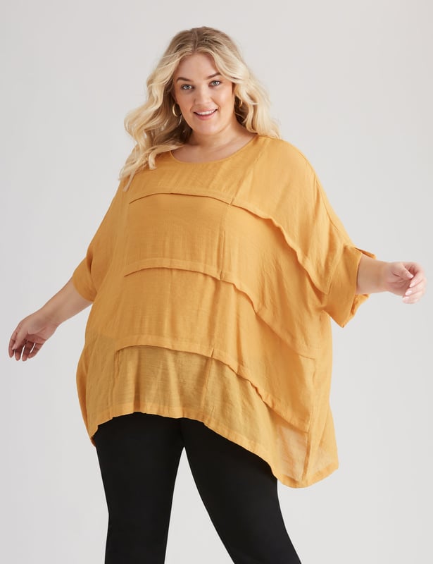 Womens Beme Elbow Sleeve Woven Pleat Front Top Plus Size