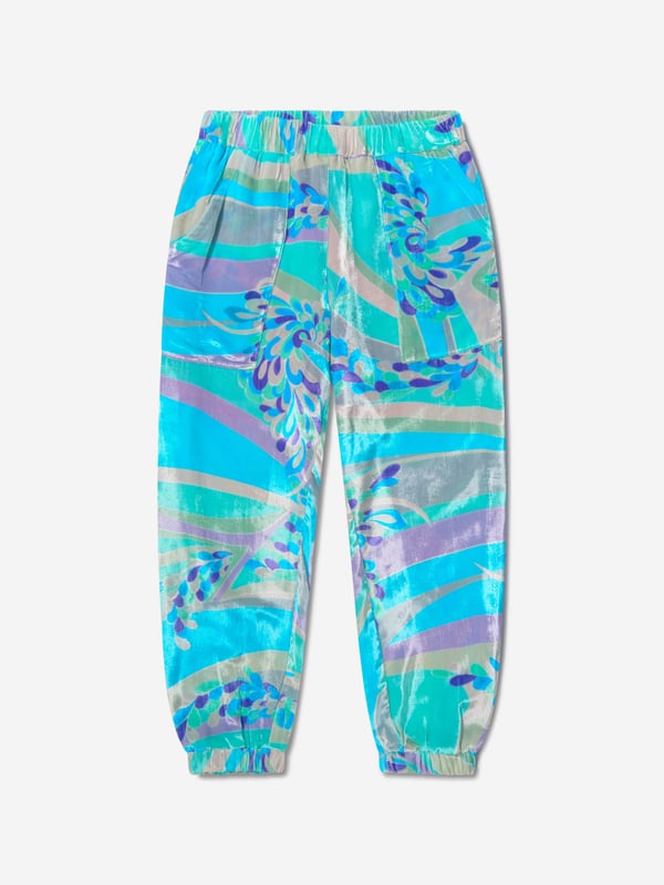 Introducing Emilio Pucci's Girls Velvet Patterned Trousers in elegant Blue, a luxurious and trendy addition for your little girl's wardrobe. Here are its striking features: Crafted in Italy: Upholding high standards of craftsmanship, offering  robustness and extended wearability. Designer Appeal: Flaunts a trendy print that adds a playful yet rich touch, turning it into a standout piece.Comfort Assurance: Fabricated from elite materials to ensure your child experiences maximum comfort during daily adventures. Refresh your girl's collection with these stunning Velvet Patterned Trousers from Emilio Pucci. Purchase now and let her seize every occasion with unrivalled style!