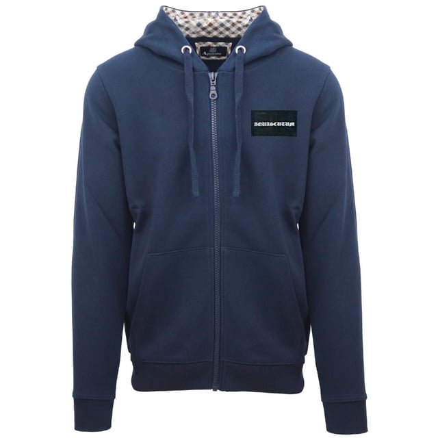 Aquascutum Box Gothic Logo Navy Blue Zip-Up Hoodie. This Aquascutum Logo Navy Blue Zip Hoodie from Aquascutum is the perfect blend of fashionable and functional. It's made of a lightweight, breathable fabric and has a stylish logo detail that elevates any casual look. Stay warm and stylish today with Aquascutum!. Elasticated Sleeve Ends and Waist, Drawstring Hood. 100% Cotton Hooded Jumper, 2 Open Pocket. Regular Fit, Fits True To Size. Style Code: FCZ623 85