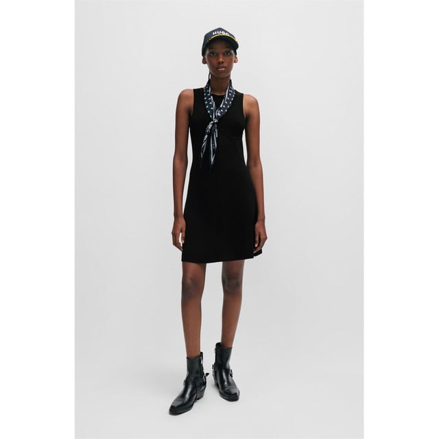 Soft Viscose crepe - rib structure - fit and flare dress - engineered detail at chest - crew mock -  curved seaming detail