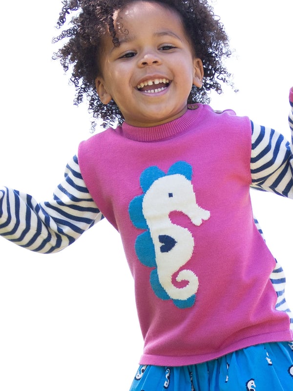 Our seahorse jumper with a gorgeous intarsia design will keep your little one smiling whatever the weather, creating a comfortable knitted layer.