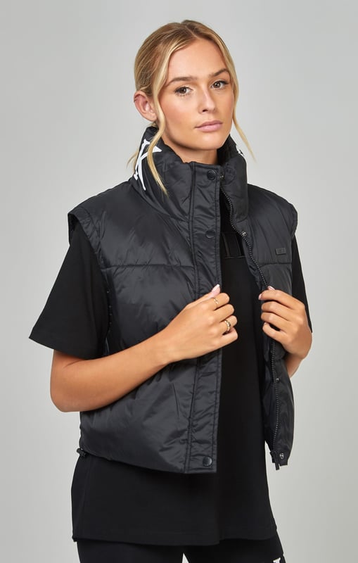 inchBlack Cropped GiletSoft touchCropped fitMetal bar tabHigh neck collarPaddedSleevelessMachine wash100% Polyamide inch